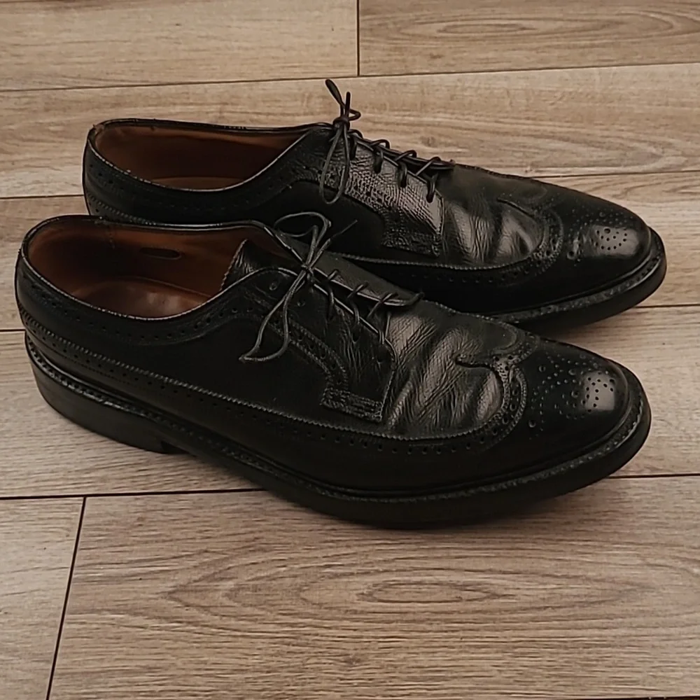 FLORSHEIM Imperial Black Leather Long Wing Tip Sz 11 B Mens‎ Dress Shoes VTG